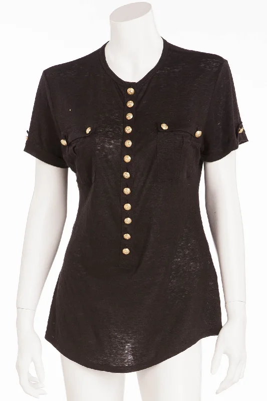 Balmain - Short Sleeve Black Top with Gold Buttons - FR 40