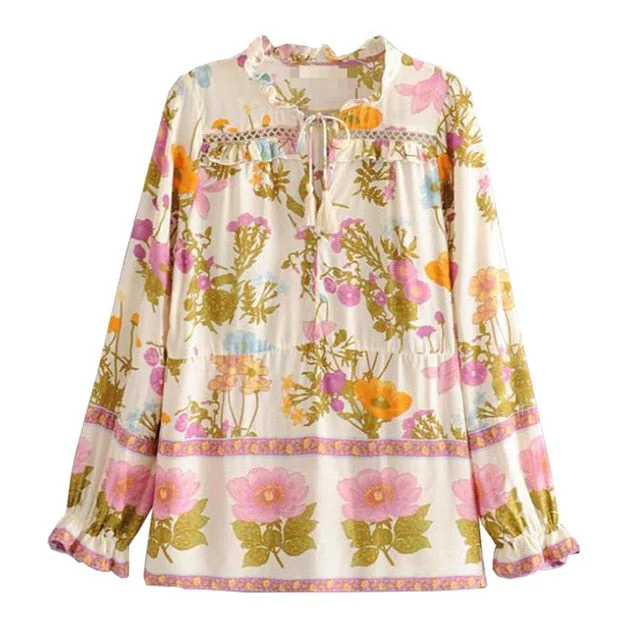 Boho Shirt Top Women Long Sleeve Floral Plus Size