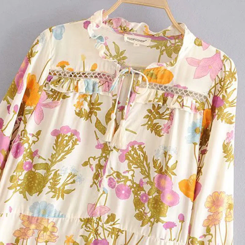 Boho Shirt Top Women Long Sleeve Floral Plus Size