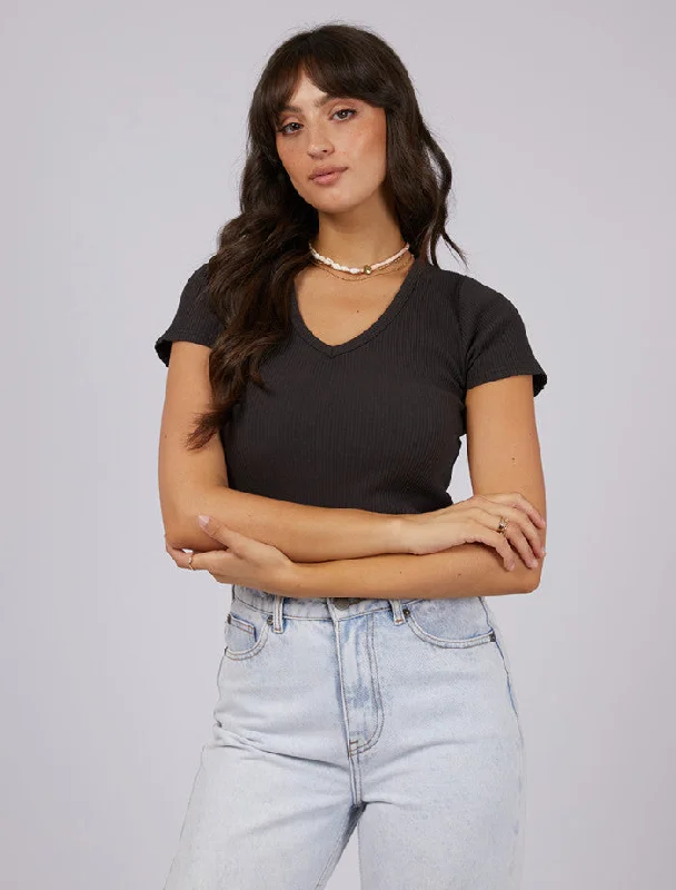 Eve Rib V Neck Tee - Washed Black