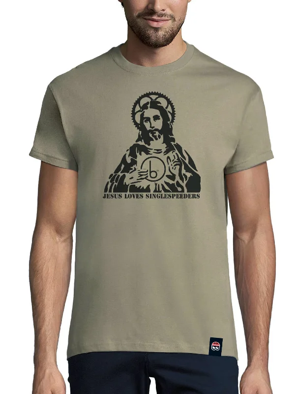 Jesus Loves Singlespeeders Unisex T-shirt - Kaki