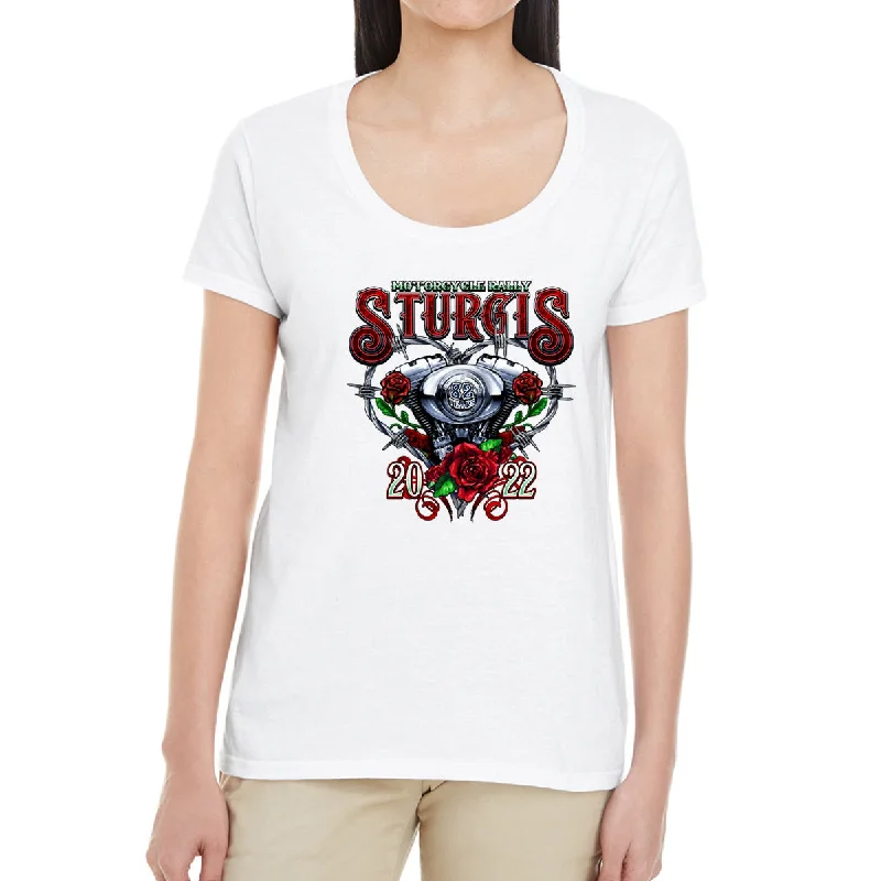 Ladies 2022 Sturgis Motorcycle Rally Engine Heart Scoop Neck Shirt