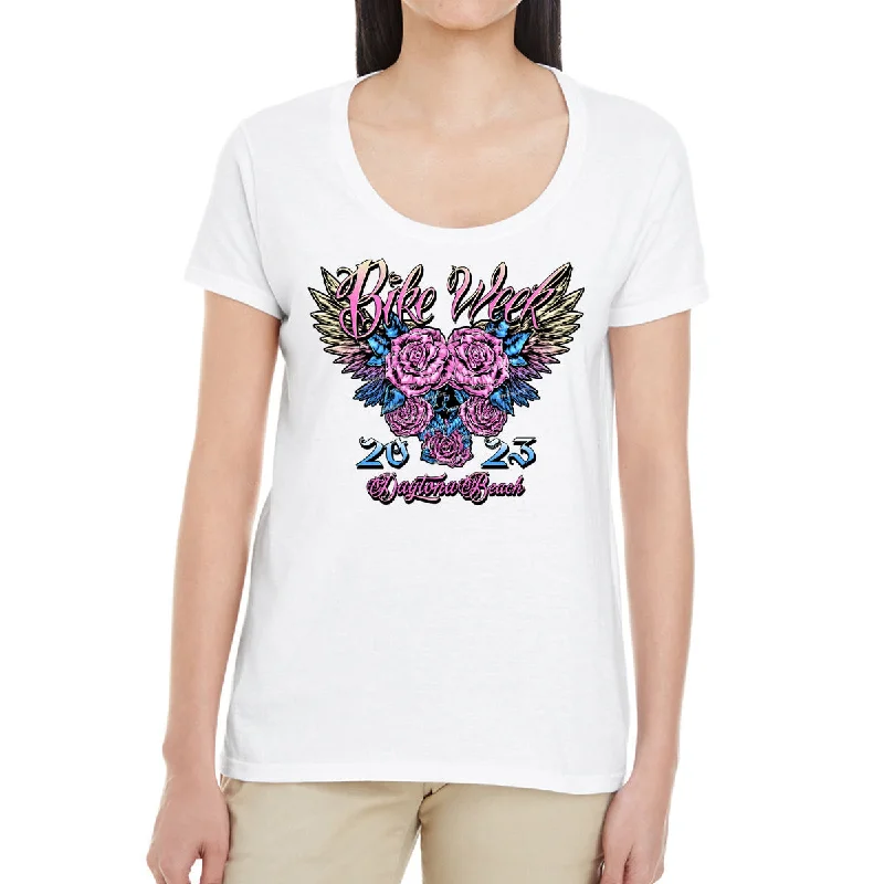 Ladies 2023 Bike Week Daytona Beach Rose Blossom Wings Scoop Neck Shirt