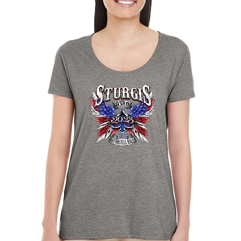 Ladies 2023 Sturgis Motorcycle Rally Patriotic Angel Scoop Neck Shirt