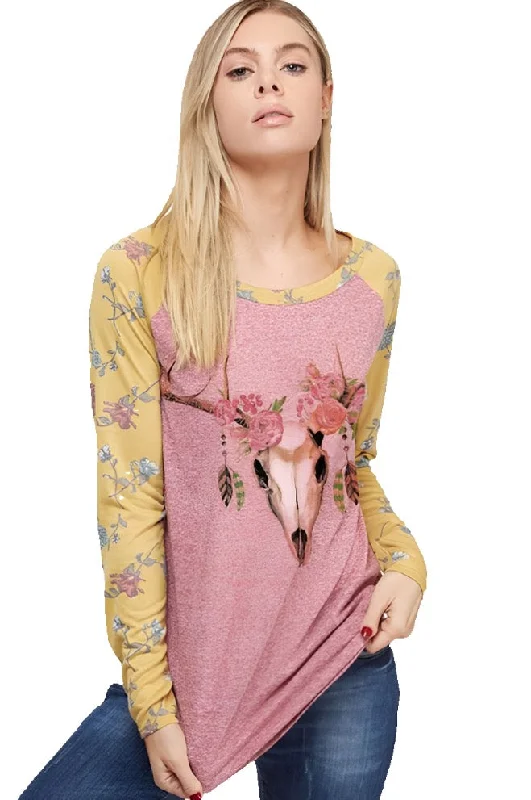 Women's Long Sleeve Deer Skull Graphic T-Shirt